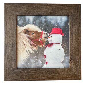 Horse & Snowman Winter Scene Framed Art 6x6" Made In USA